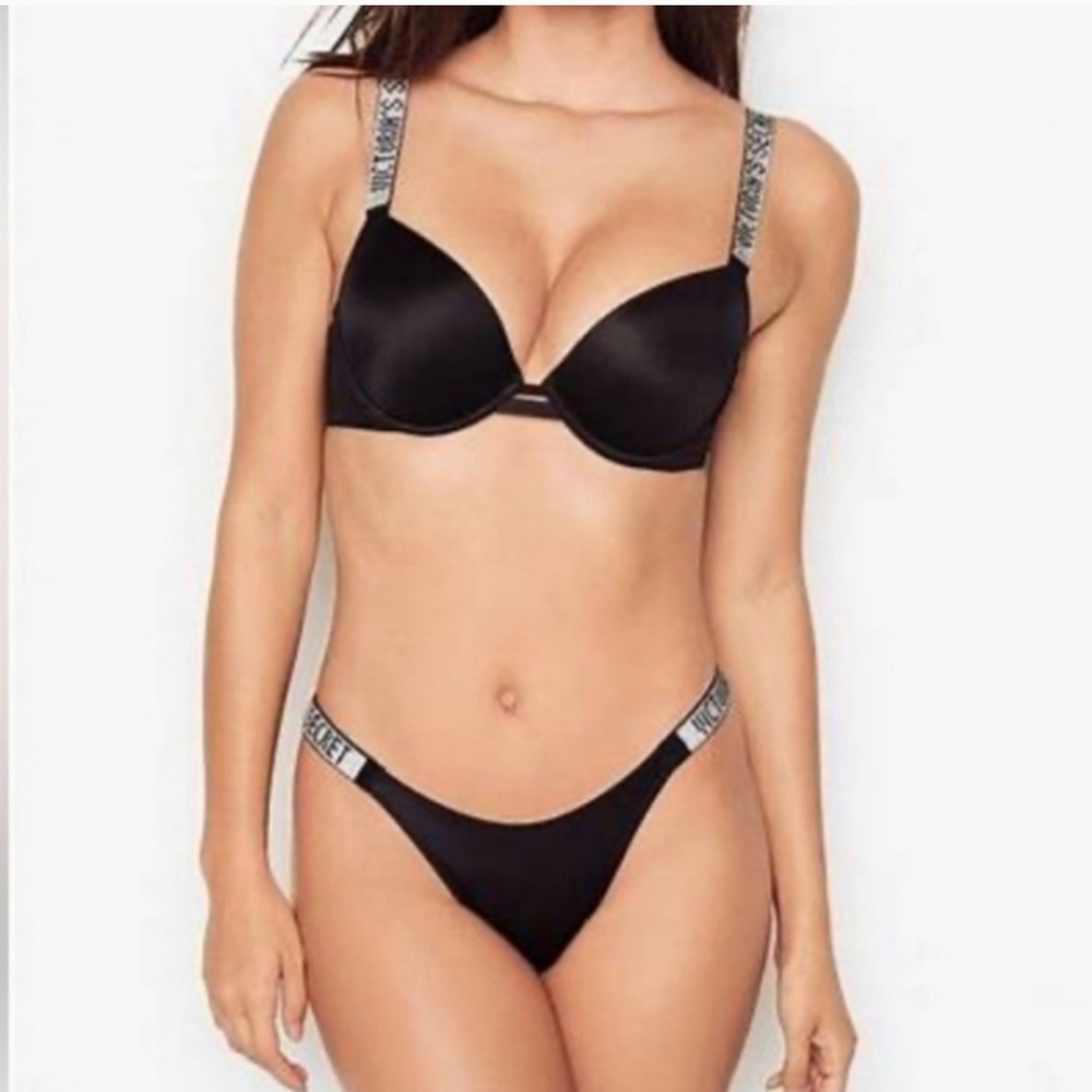 Victoria Secret 34B S Bombshell Push Up Top Bikini Set Shine Strap LOGO Black